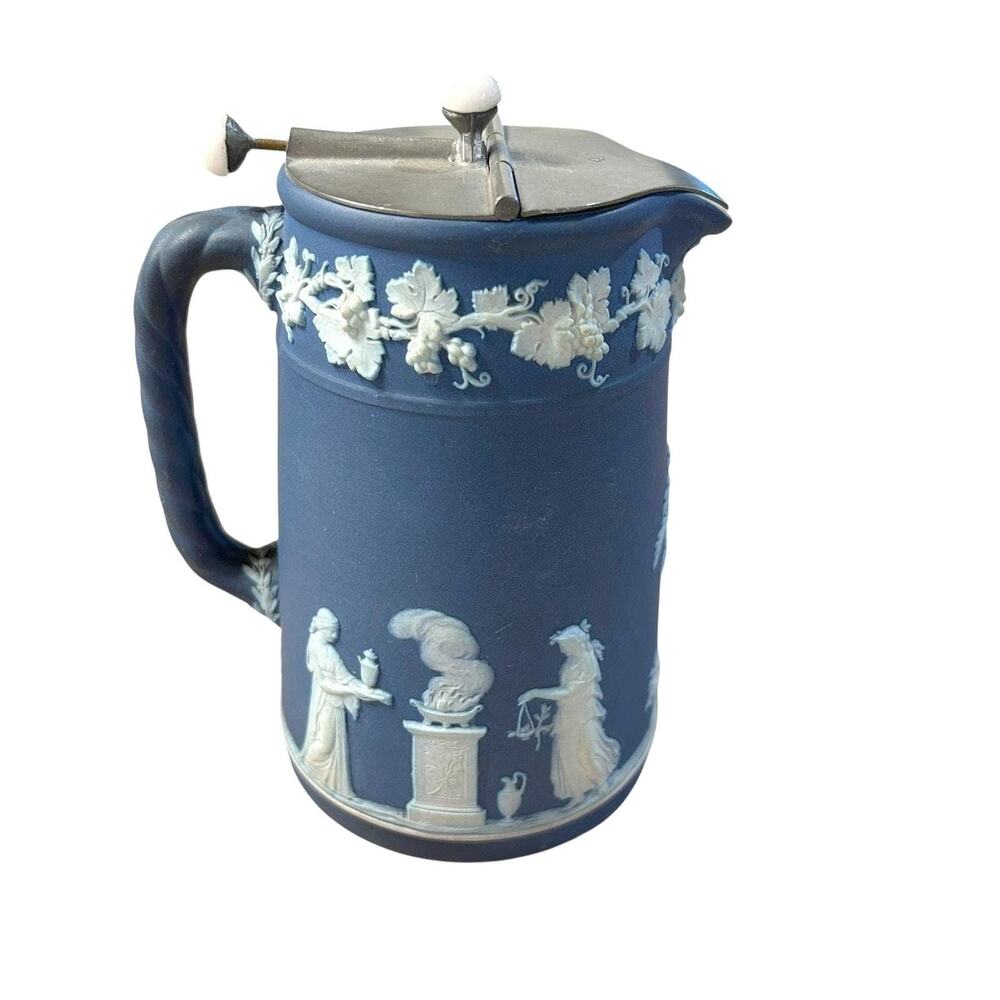 Antique Wedgwood Jasperware Syrup Jug Cobalt Blue  Martin's Push Button Lid